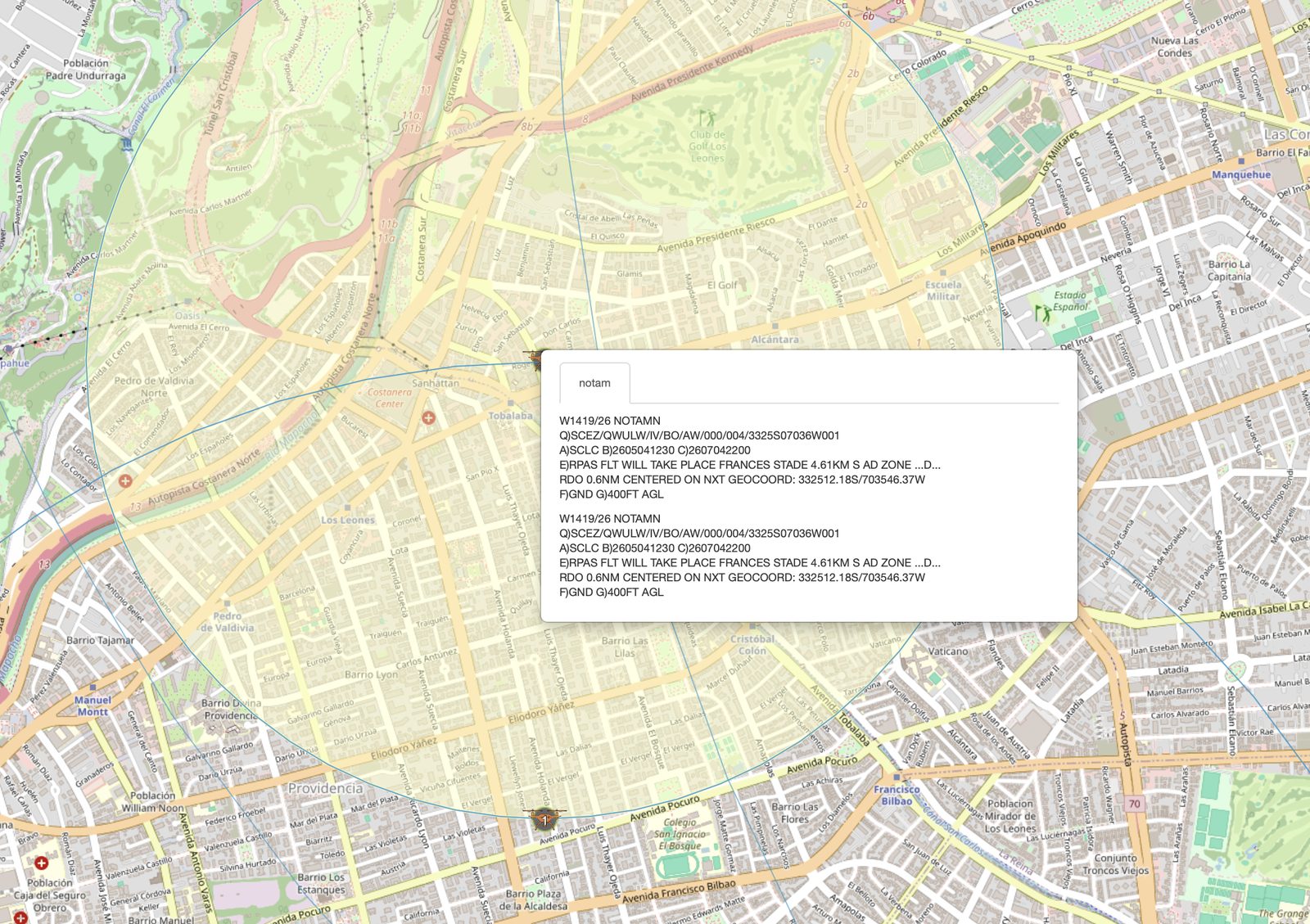Mapa NOTAM con la zona RPAS autorizada sobre el Stade Français