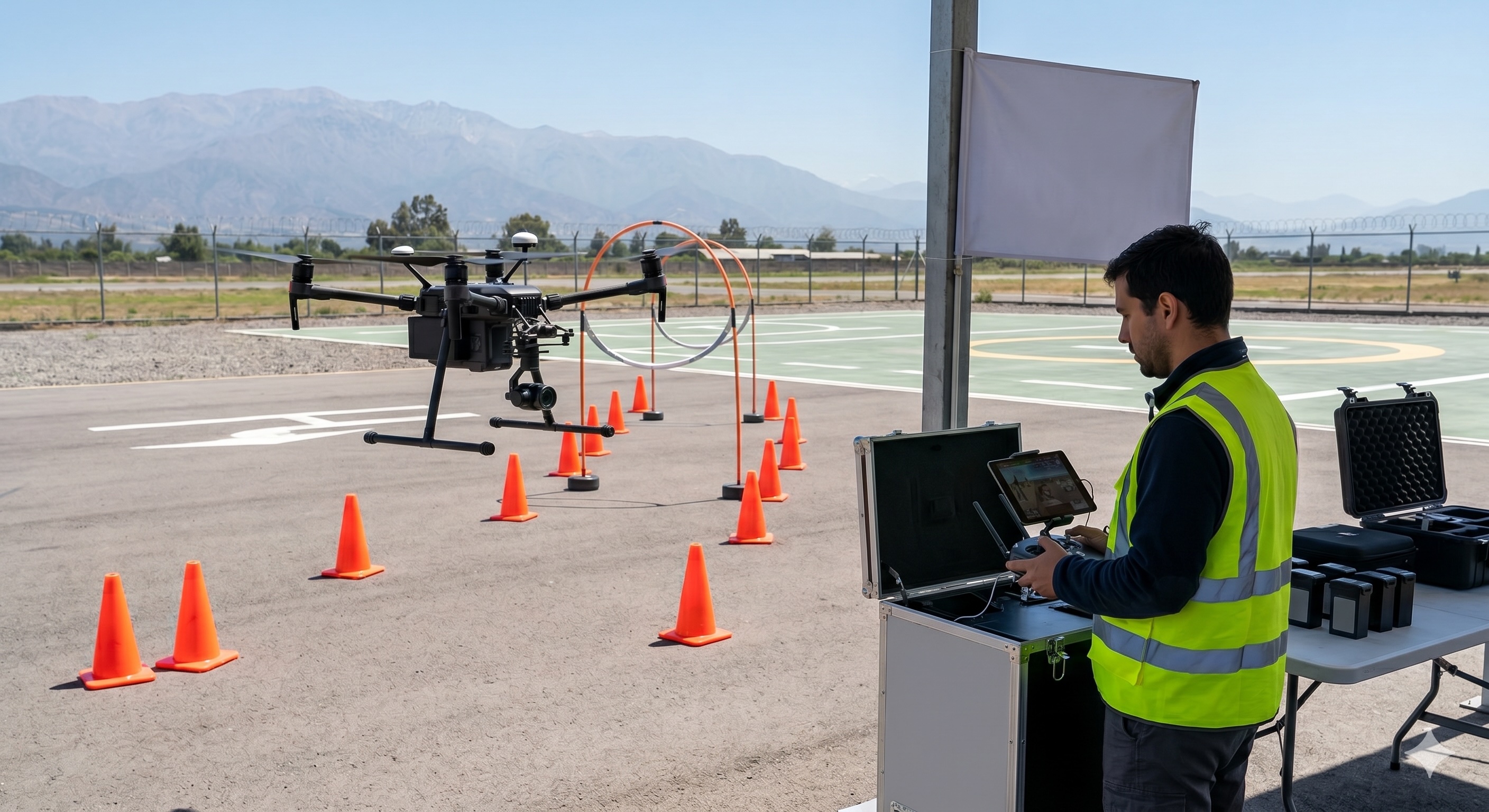 Piloto operando un dron en cancha de práctica para la prueba DGAC
