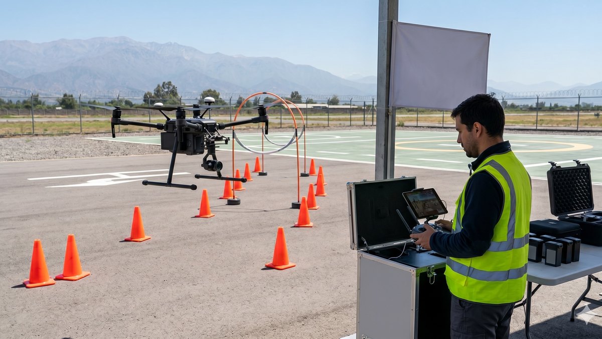 Zona de despegue de una práctica de AÉREO, con el dron y los conos dispuestos