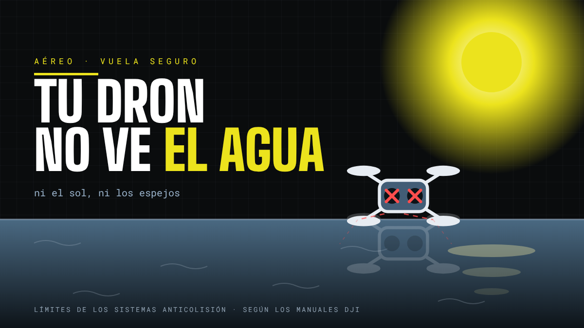 Diagrama: un dron frente al sol, sobre el agua y ante un vidrio, con los sensores de proximidad fuera de servicio
