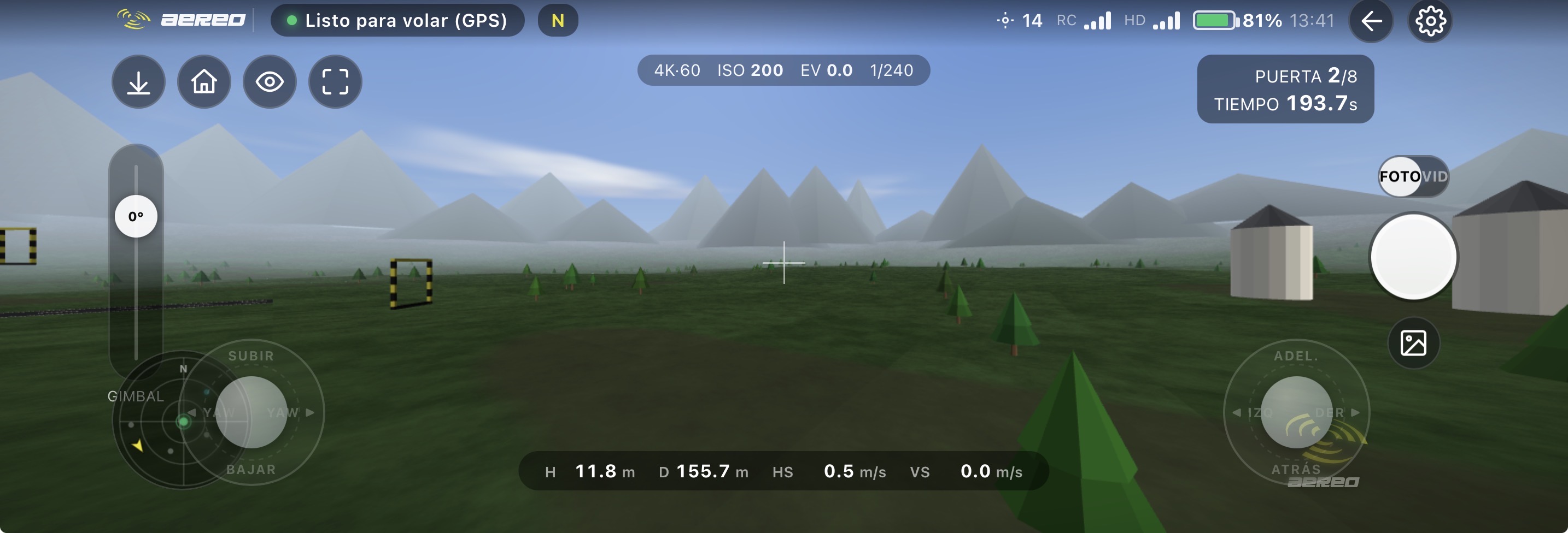 Interfaz del simulador de vuelo de AÉREO con telemetría, sticks virtuales y control de gimbal