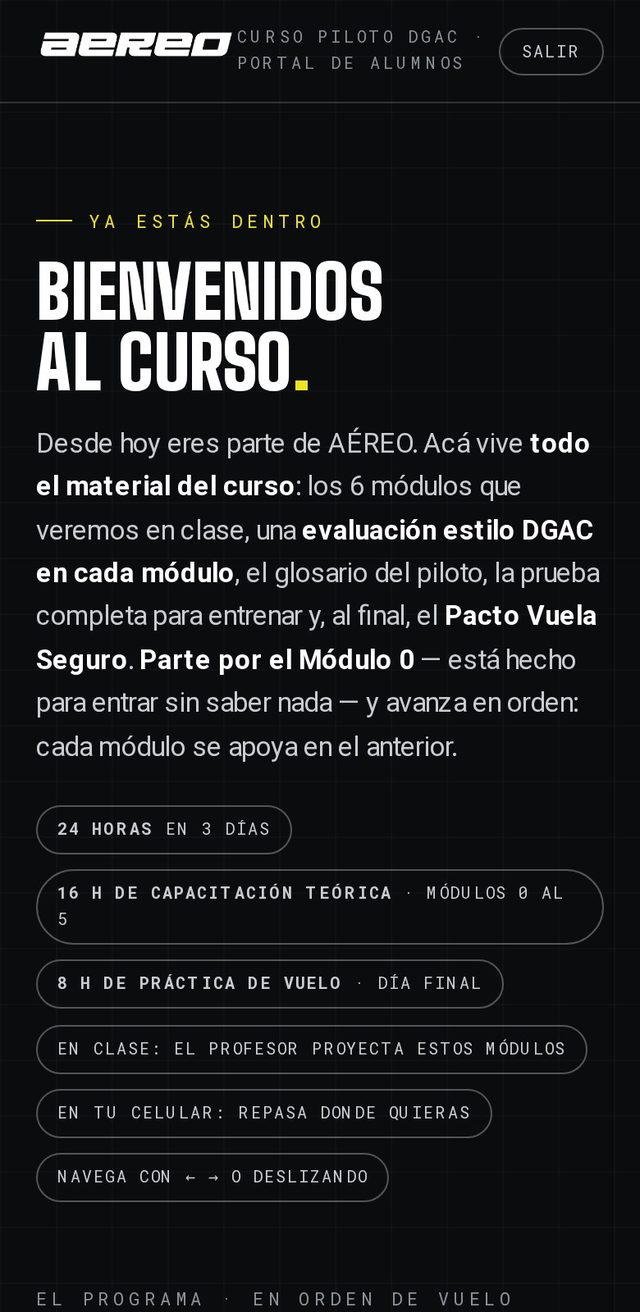 Plataforma AÉREO en el celular: menú de módulos del curso